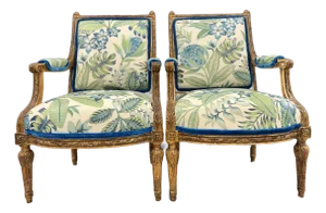 Pair of Manual Canovas Upholstered Antique French Louis XVI Gilt Large Arm Chairs Bergeres
