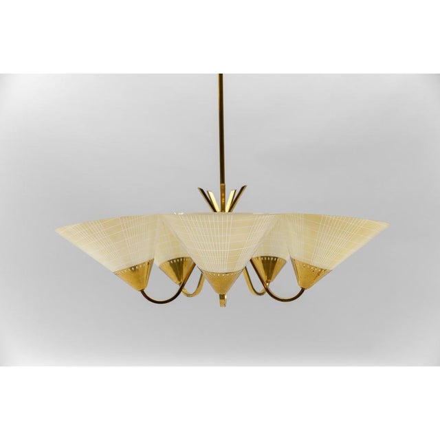 Gold Mid-Century 5-Light Glass & Brass Ceiling Lamp, 1950s For Sale - Image 8 of 16
