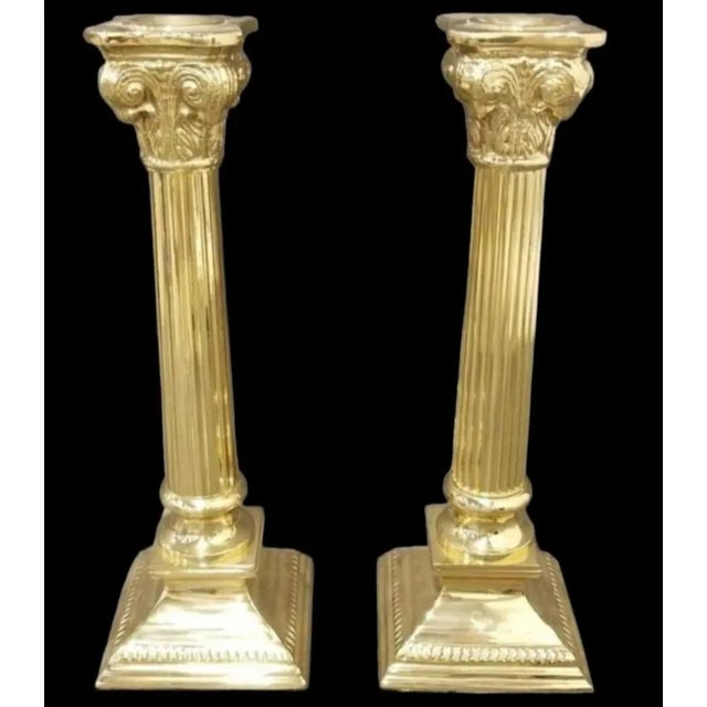 Neoclassical Pair of 1980s Solid Brass Ornate Neoclassical Corinthian Column Candle Holders For Sale - Image 3 of 7