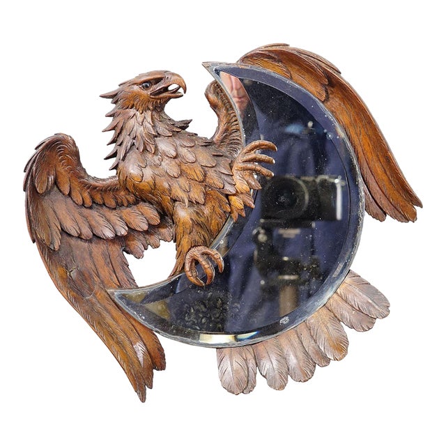 Antique Hand-Carved Wooden Eagle Mirror With Crescent Glass For Sale