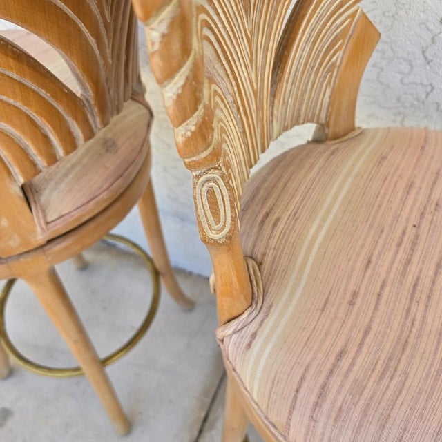 Vintage Venetian Grotto Style Carved Wood Palm Leaf Barstools Set of 2 For Sale - Image 14 of 15