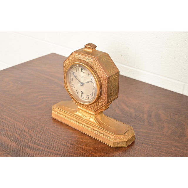 A very rare and exceptional antique Arts & Crafts or Art Deco period gilt bronze desk clock or mantel clock with Celtic...