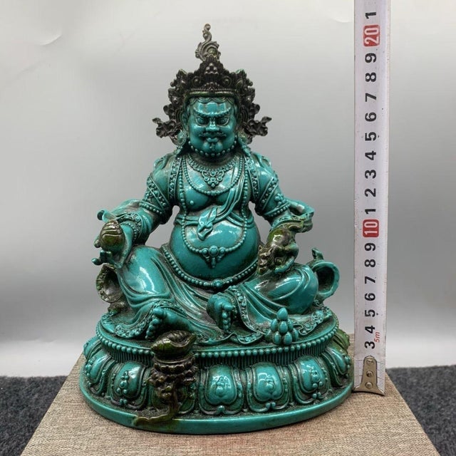 Stone Vintage Tibetan Style Turquoise Green Yellow Jambhala Wealth Deity Statue For Sale - Image 7 of 9
