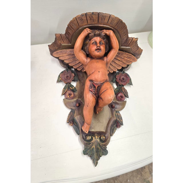 Shabby Chic Vintage Italian Carved Wood Cherub Wall Sconces a Pair For Sale - Image 3 of 12