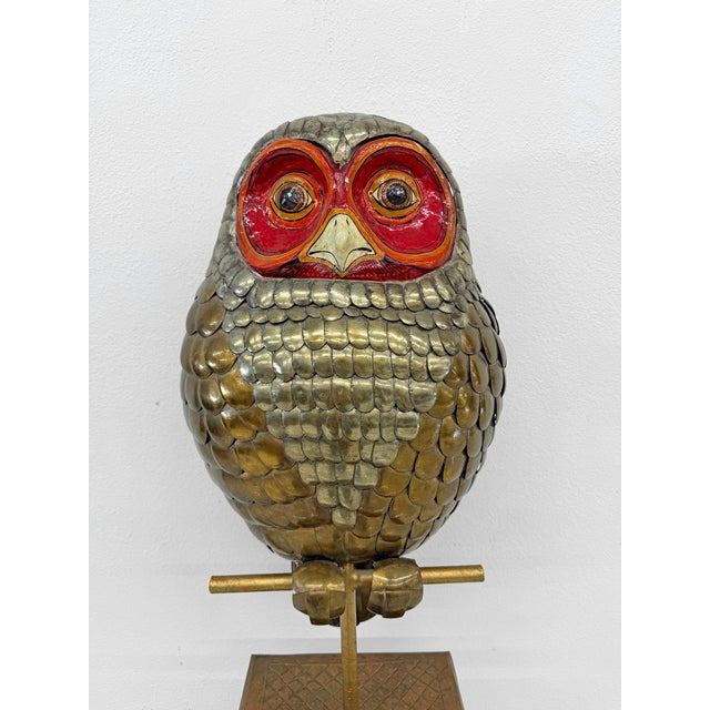 Metal Brass and Hand Painted Paper Mache Owl Sculpture, Sergio Bustamante, 1970's For Sale - Image 7 of 7