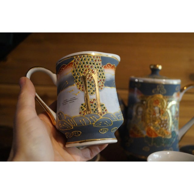1950s Satsuma Moriage Hand-Painted Porcelain Tea Pot Set- 17 Pieces For Sale - Image 9 of 12