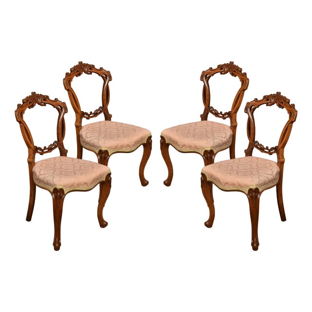 Walnut Balloon Back Salon Chairs, Set of 4 For Sale
