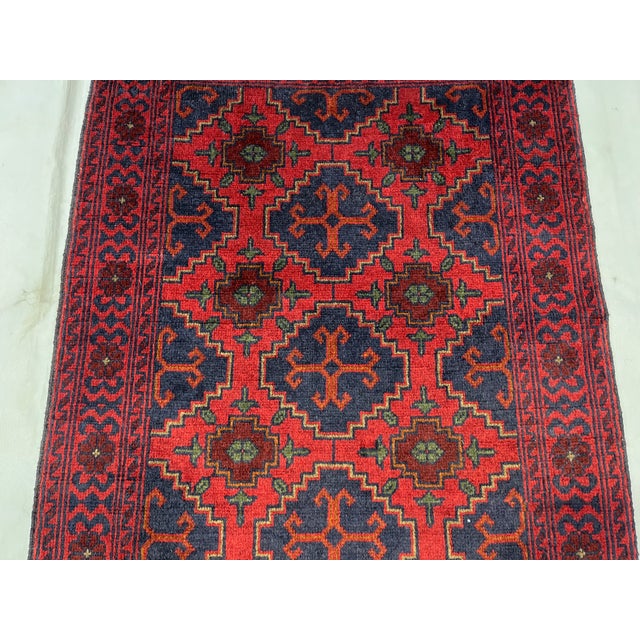 Red & Navy Blue Geometric Tribal Wool Runner Rug, 2'7