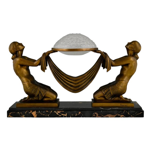 Art Deco Table Lamp with Kneeling Women from Max Le Verrier, 1925 For Sale