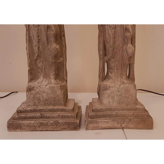 Stone Goddess Asian Kwan Yin Buddhist Lamps Pair For Sale - Image 7 of 13