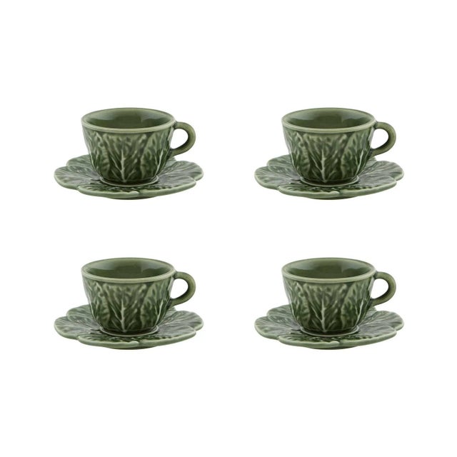 Traditional Bordallo Pinheiro Cabbage Espresso Cup & Saucer, Green, Set of 4 For Sale - Image 3 of 3