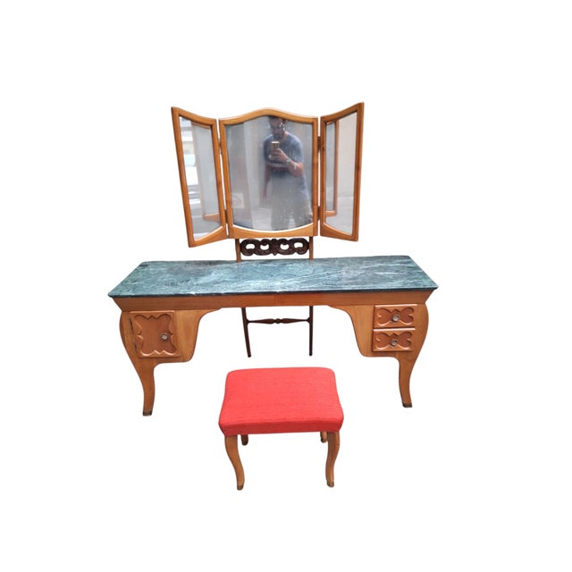 1940s Vintage Mirrored Dressing Table with Marble Top and Stool by Mario Cereghini, 1940s, Set of 2 For Sale - Image 5 of 13