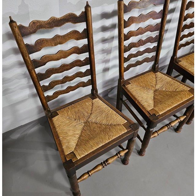 1960s Rustic Oak Farmhouse Ladderback Dining Chairs with Rush Seats, 1960s, Set of 4 For Sale - Image 5 of 18