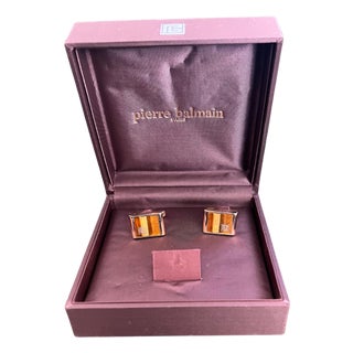Vintage Balmain "Circa 1980s" Tiger Eye Cufflinks Original Purple Satin Case For Sale