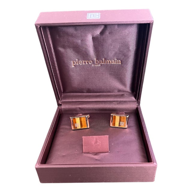 Vintage Balmain "Circa 1980s" Tiger Eye Cufflinks Original Purple Satin Case For Sale