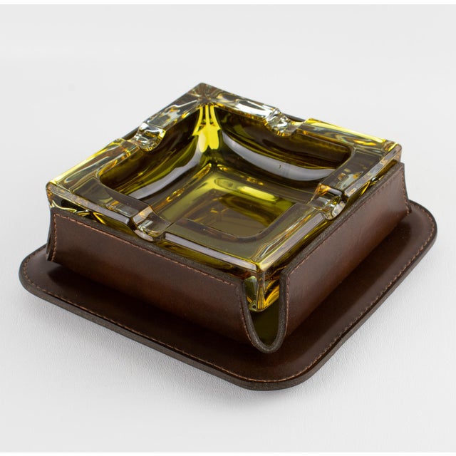 1950s Mid-Century Leather and Crystal Ashtray Catchall Desk Tidy For Sale - Image 5 of 17