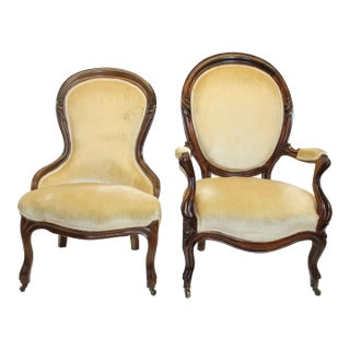 Antique Pair of Victorian Rosewood Ladies & Gentleman Chairs Circa 1880s For Sale