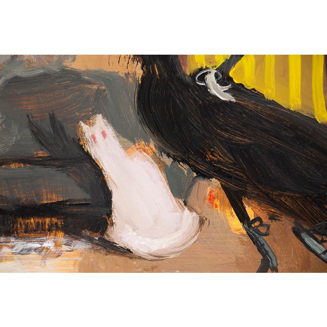 The painting depicts a stylish woman in a dramatic black dress, exuding confidence as she takes a drag from her cigarette,...
