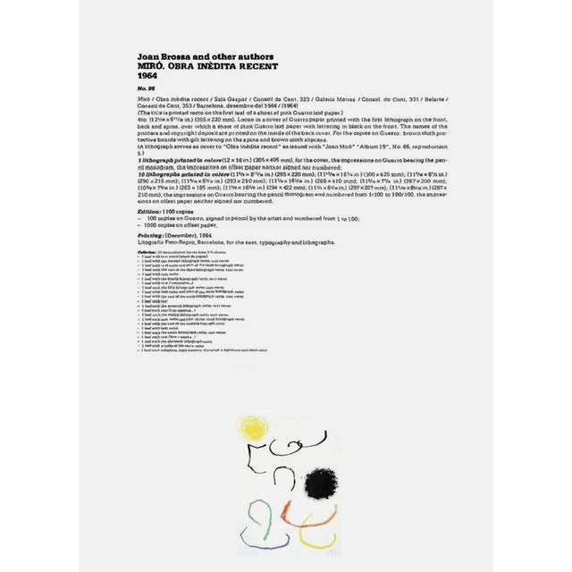 Mid-Century Modern Joan Miro Lithograph Hand Sign Original Ltd. Ed. W/Catalog Ref. C95. Authentic For Sale - Image 3 of 3