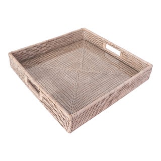 Artifacts Rattan Square Serving Ottoman Trays with Glass Insert in White, Medium For Sale