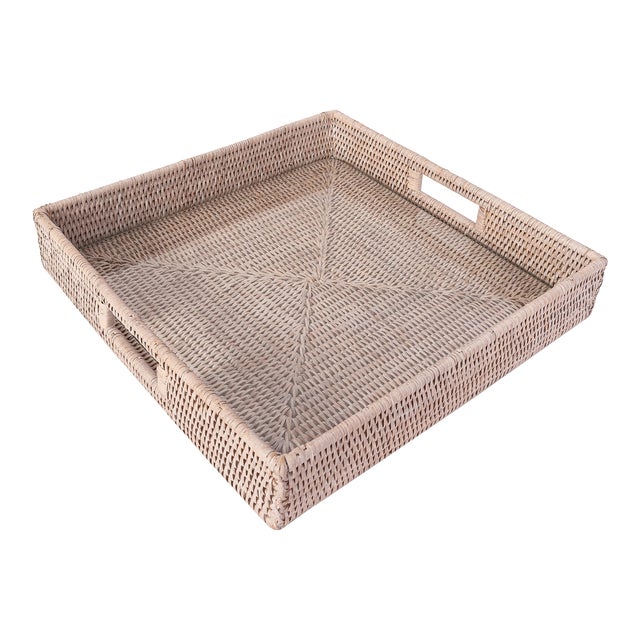 Artifacts Rattan Square Serving Ottoman Trays with Glass Insert in White, Medium For Sale