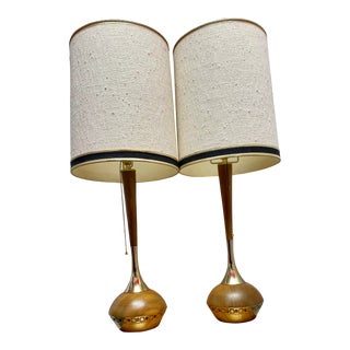 Pair of 1960s Teak and Brass Laurel Lamps in the Style of Tony Paul With Signed Laurel Shades and Finials For Sale