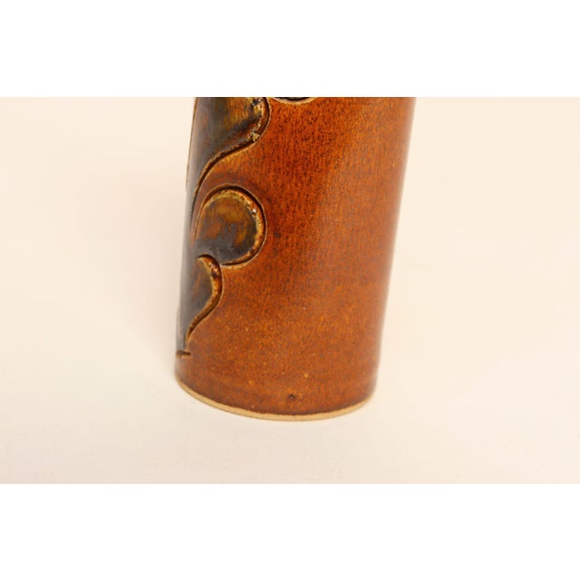 Vintage Studio Pottery Sunburst and Botanical Motif Matte Amber Glazed Vase For Sale - Image 16 of 18
