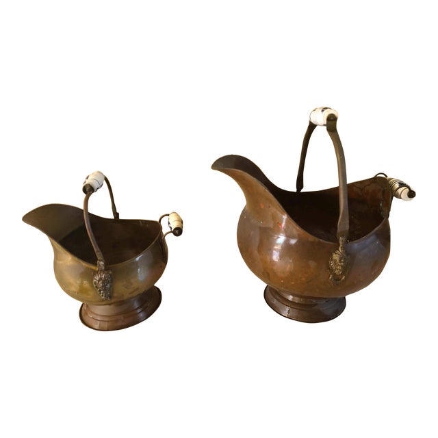 Antique 1900s Copper Coal Scuttle Buckets With Porcelain Handles - Set of 2 For Sale