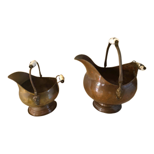 Antique 1900s Copper Coal Scuttle Buckets With Porcelain Handles - Set of 2