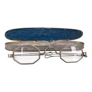 Antique Victorian/Edwardian Folding Octagonal Reading Spectacles With Original Blue-Lined Metal Case, Circa 1890–1915