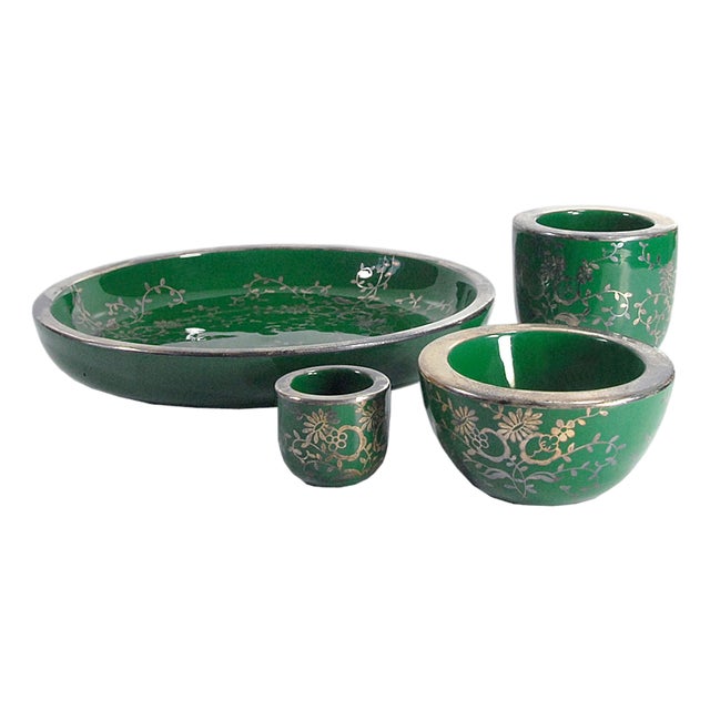 Silver Overlay Green Ceramic Set from C&P Firenze, Italy, 1950s, Set of 4 For Sale