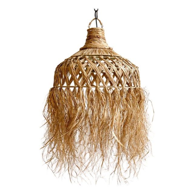 Woven Grass Skirt Boho Coastal Pendant Light For Sale