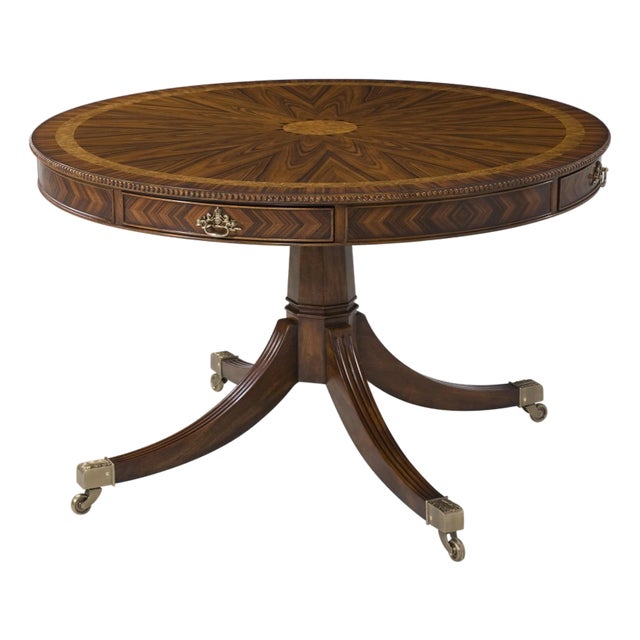 Formal Inlaid Mahogany Dining Table or Center Table With Drawers. Finely Carved Edge by Theodore Alexander For Sale