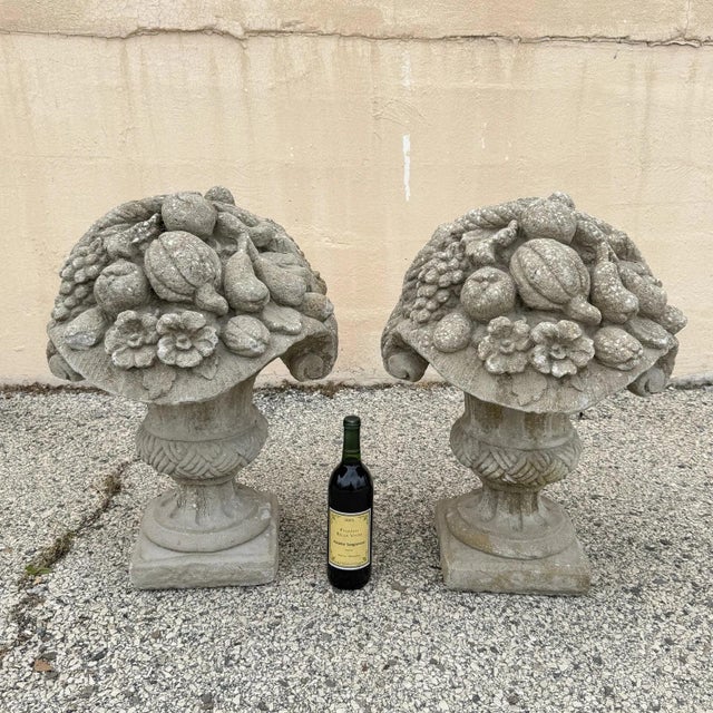 Vintage French Country Style Cast Cement Stone 26" Fruit & Flower Basket Garden Lawn Ornament - a Pair. Approx 180 lbs...
