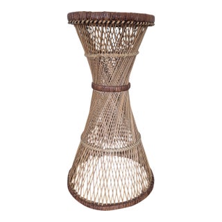 Vintage Hand Woven Wicker Plant Stand Tall Pedastal 1970's Boho Cottage For Sale