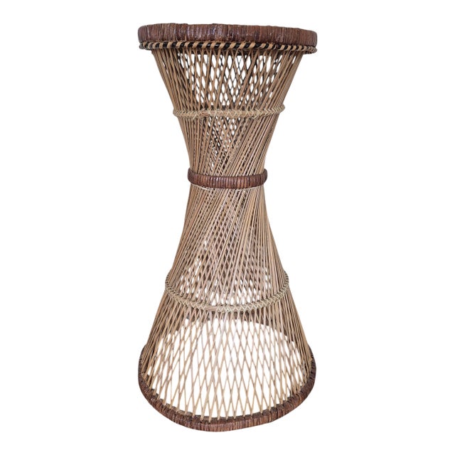 Vintage Hand Woven Wicker Plant Stand Tall Pedastal 1970's Boho Cottage For Sale