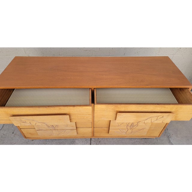 Mid-Century Modern Hawaiian Style Dresser With Relief Carved Tropical Foliage 1950's For Sale In San Francisco - Image 6 of 18