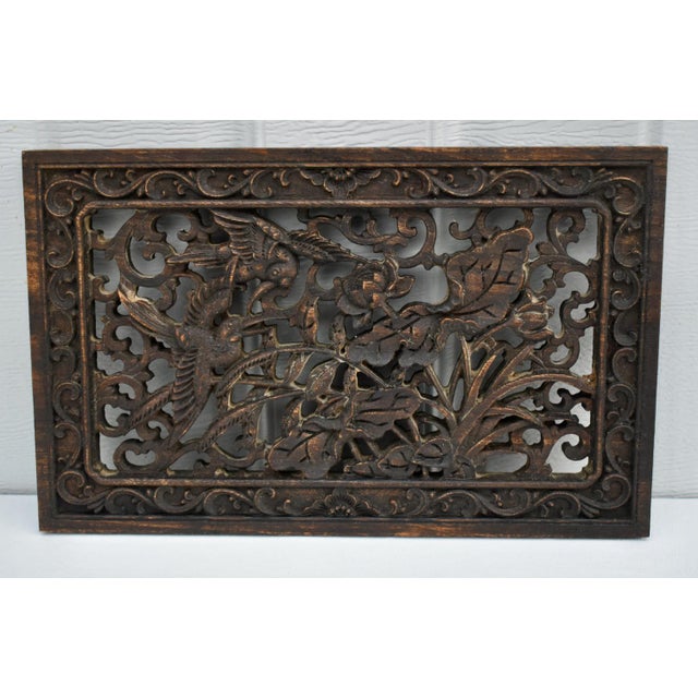 Brown Vintage Hand Carved Chinese Plaque With Birds & Floral Details For Sale - Image 8 of 12