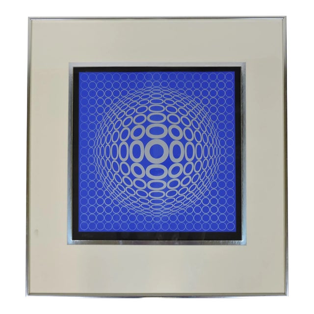 1970s Victor Vasarely Op Art Tuz Blue Silver Sphere Signed Art Print, 291/340 For Sale