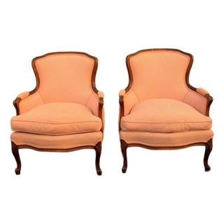 1940s Vintage French Louis XV Peach Lattice Carved Walnut Bergere - Set of 2 For Sale