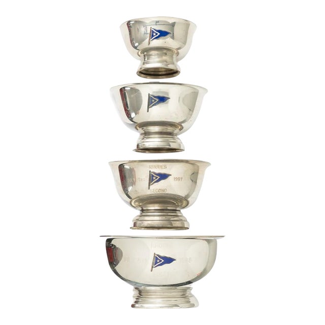 Set X 4 Nantucket Yacht Club Pewter Stacking 4th of July Trophy Bowls W/ Enamel Nyc Burgees For Sale