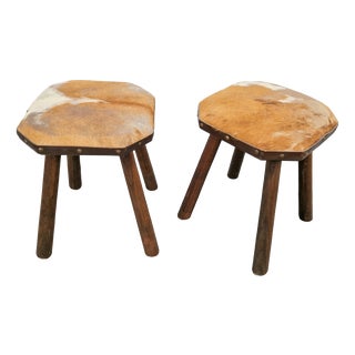 Vintage Milk Stools with Cowhide Seats, 1950s, Set of 2 For Sale
