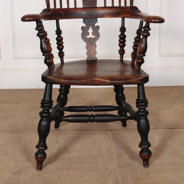 19th C Yorkshire beech and elm broad arm windsor chair. 1850. Seat depth is 16 inches, seat height is 17.5 inches. This...