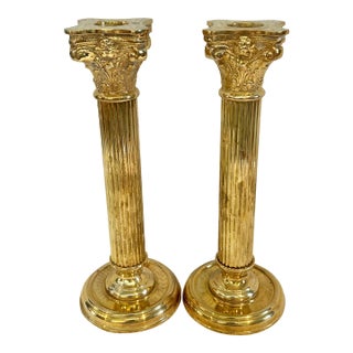 Vintage Solid Brass Neoclassical Column Style Candlestick Holders - A Pair For Sale