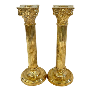 Vintage Solid Brass Neoclassical Column Style Candlestick Holders - A Pair