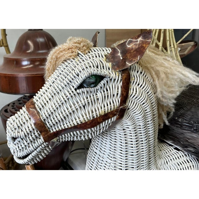 Wood Mid-Century Wicker Horse Side Table / Garden Stool - Glass Eyes Tortoise Ears For Sale - Image 7 of 12