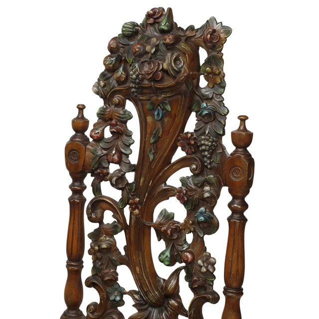 Late 20th Century Spanish Revival, Carved, Polychrome, Cornucopia 54.5”, Dining Chairs, Set of Six! For Sale - Image 4 of 6