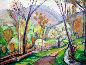 Jean Perret, Post Impressionist French Landscape with Blossom, 1950s, Oil on Paper