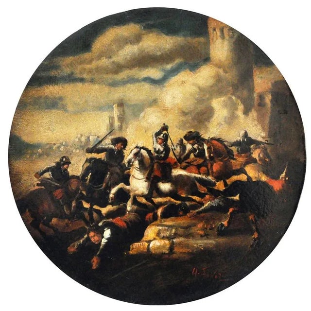 Land Battle - Antonio Savisio, Italy, 2006 - Oil on canvas diam. cm. 30 Gold leaf gilded and laquered wooden frame cm....