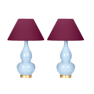 Casa Cosima Double Gourd Table Lamp, Stinson Blue/Grape Juice Shade - a Pair For Sale